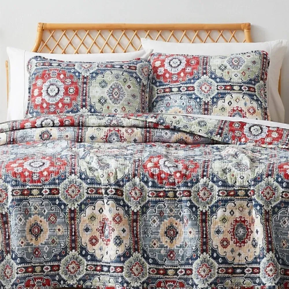 Boho Batik Style Bohemian Print Muted Block Oversized Queen Quilt Set